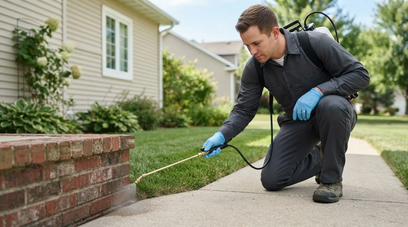 Pest control technician treating a home near Nowata, OK